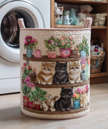 Cat Haven Quilted Laundry Hamper — Decorative Foldable Laundry Bin With Cute Cat Motif, Durable Carry Handles For Easy Transport