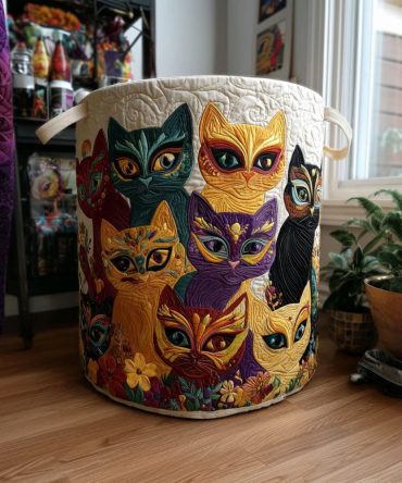 Playful Cat Masquerade Quilted Laundry Hamper — Decorative Fabric Laundry Basket With Sturdy Handles, Washable & Collapsible