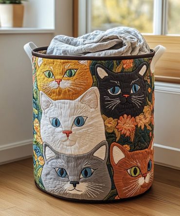 Cat Meadow Quilted Laundry Hamper — Cute Cat-Pattern Foldable Fabric Basket With Handles For Nursery, Bedroom & Pet-Friendly Homes