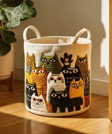 Cat Meadow Quilted Laundry Hamper — Pastel Cat Pattern Collapsible Fabric Basket For Nursery, Bedroom & Gift Giving