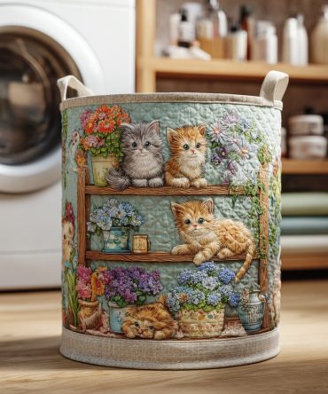 Cat Meadow Quilted Laundry Hamper — Cute Cat Print Foldable Laundry Basket With Reinforced Handles For Stylish Home Storage