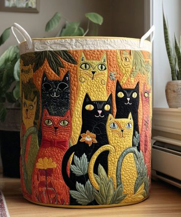 Cat Meadow Quilted Hamper – Charming Cat-Print Collapsible Laundry Basket With Handles, Soft Fabric Organizer For Home & Nursery