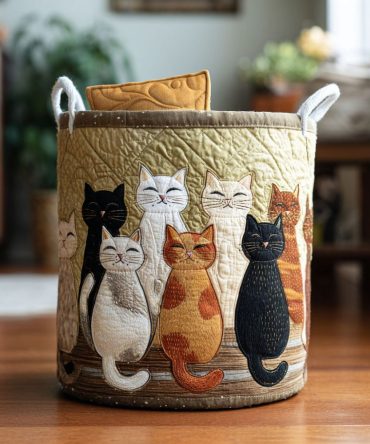 Cat Nap Lane Quilted Laundry Hamper — Charming Cat Nap Fabric Storage Basket, Foldable Laundry Organizer With Carry Handles
