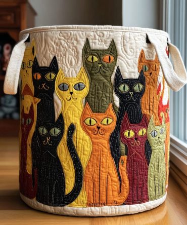 Cat Parade Quilted Laundry Hamper – Whimsical Cat Motif Collapsible Fabric Basket With Handles For Cute Home Storage