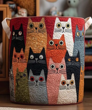 Playful Cat Parade Quilted Laundry Hamper - Collapsible Cute Cat Print Fabric Basket, Durable Laundry Organizer For Pet Lovers & Kids' Rooms