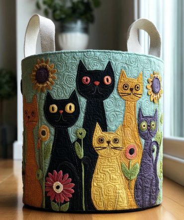 Cat Patchwork Quilted Laundry Hamper – Playful Collapsible Fabric Basket, Washable Pet-Themed Organizer For Clothes, Toys & Linens