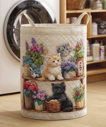 Playful Cat Shelf Quilted Laundry Hamper – Foldable Decorative Cat-Themed Laundry Basket For Kids’ Room, Nursery & Pet Storage