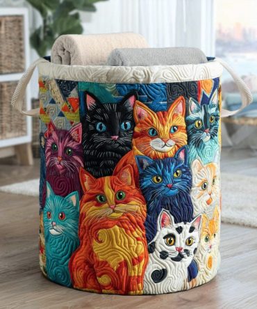 Cat Squad Quilted Hamper — Modern Quilted Laundry Basket With Playful Cat Graphics, Handles, Collapsible Frame & Washable Liner