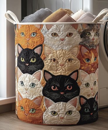 Cat Tails Quilted Laundry Hamper — Stylish Cat-Themed Fabric Laundry Basket With Reinforced Bottom, Carry Handles, Collapsible Design For Pet Lovers