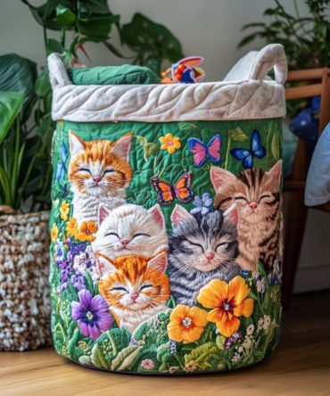Catnap Corner Quilted Hamper — Cute Feline Print Fabric Laundry Basket, Foldable Soft-Sided Storage With Handles For Cat Lovers