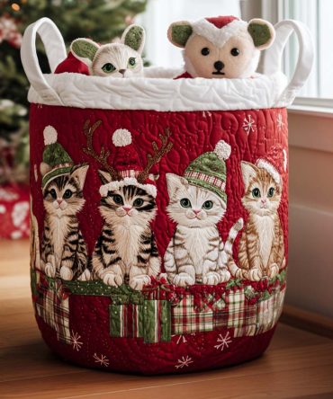 Catnip Holiday Quilted Laundry Hamper - Whimsical Cat Design Storage Basket For Seasonal Décor & Everyday Organization