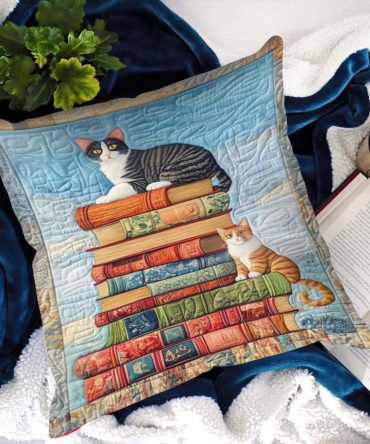 Cats Among Classics Quilted Throw Pillow Cover — Charming Feline & Book Motif Decorative Cushion Case For Libraries & Living Areas