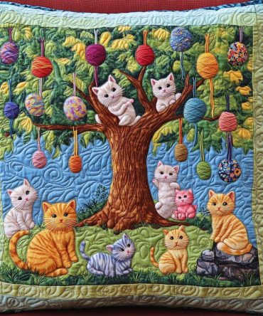 Hand-Quilted Decorative Throw Pillow Cover Featuring Playful Cats Tangled In Yarn — Soft Cotton Accent Case For Cat Lovers