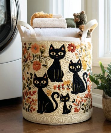 Cats In Bloom Quilted Laundry Hamper — Whimsical Floral & Cat Print Foldable Fabric Basket For Nursery, Bedroom & Gifts