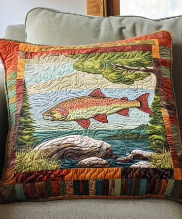 Caught In The Current Quilted Pillow Cover — River & Fish Inspired Decorative Throw Case For Nautical, Cabin Or Coastal Interiors