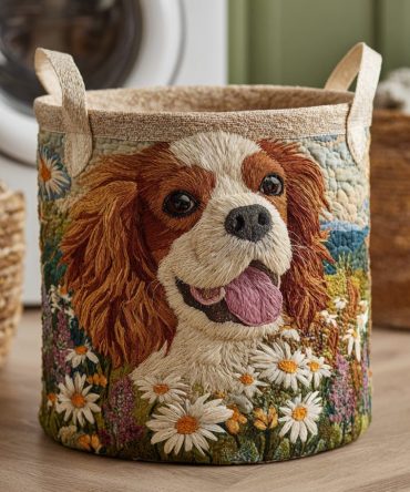 Cavalier Bloom Quilted Laundry Hamper — Floral Cavalier Dog Print, Padded Foldable Fabric Basket With Carry Handles & Removable Liner