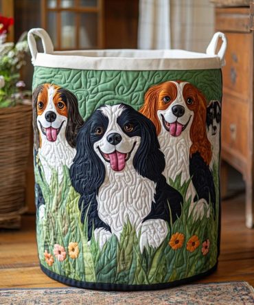 Cavalier Family Quilted Laundry Hamper – Adorable Cavalier Spaniel Fabric Basket With Sturdy Handles, Foldable Pet-Lover Home Organizer