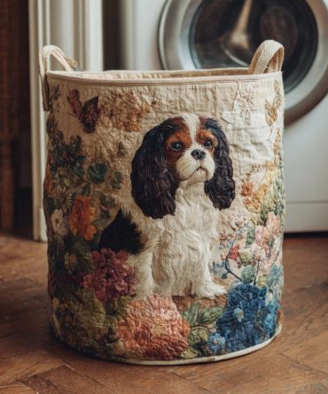Cavalier Flower Garden Quilted Laundry Hamper — Elegant Floral Cavalier Print Fabric Basket, Collapsible Luxury Laundry Organizer