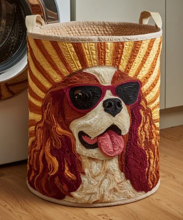 Cavalier Sun Quilted Laundry Hamper — Bright Cavalier King Charles Print, Foldable Fabric Laundry Basket With Handles & Liner