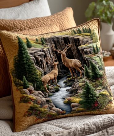 Cedar Deer Quilted Decorative Pillow Cover — Refined Deer Silhouette For Lodge & Farmhouse Décor, Soft Quilting, Reversible, Easy Care