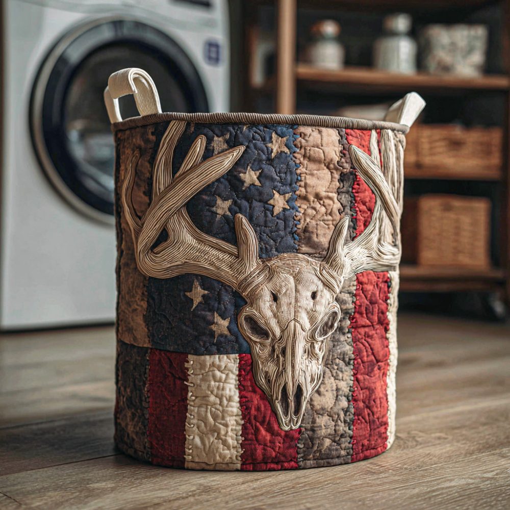 Cedar Stag Quilted Laundry Hamper — Stag Print Fabric Basket, Collapsible & Durable For Bedroom, Cabin, Nursery