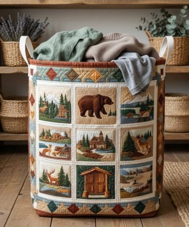 Cedar Trail Quilted Storage Hamper - Spacious Foldable Laundry Basket With Durable Quilting, Easy-Clean Liner & Rustic Woodland Print