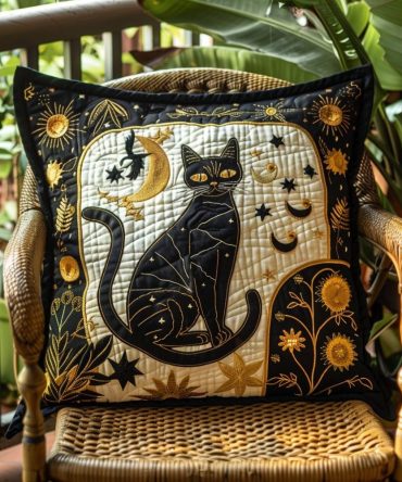 Celestial Black Cat Quilted Pillow Cover — Mystical Decorative Throw Pillowcase With Starry Night Feline Design