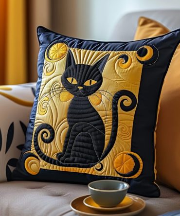 Celestial Cat Noir Quilted Pillow Cover — Black Cat Moon Design, Elegant Gothic Feline Accent, Soft Quilted Home Decor