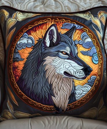 Celestial Wolf Moon Quilted Pillow Cover — Lunar Wolf Throw Pillowcase, Starry Night Quilted Accent For Mystic & Boho Home Styling