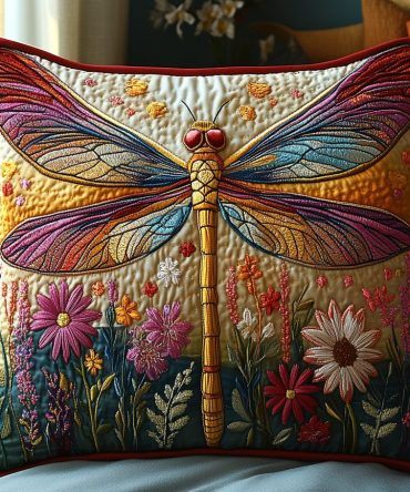 Celestial Dragonfly Quilted Throw Pillow Cover - Ethereal Dragonfly Design Decorative Pillowcase, Soft Cotton Blend, Reversible & Machine Wash