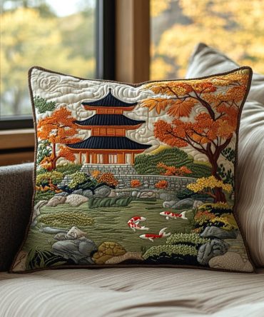 Celestial Pond Quilted Pillow Cover — Lotus & Pond Motif Decorative Case, Soft Quilted Accent For Tranquil Bedroom & Living Spaces