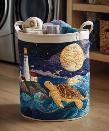 Celestial Turtle Night Quilted Laundry Hamper – Starry Turtle Print Foldable Fabric Basket With Reinforced Handles, Night Sky Themed Laundry Organizer