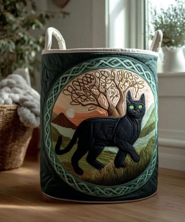 Celtic Charm Quilted Cat Laundry Basket — Artisan-Inspired Hamper, Foldable Fabric Storage Bin For Bedroom & Nursery