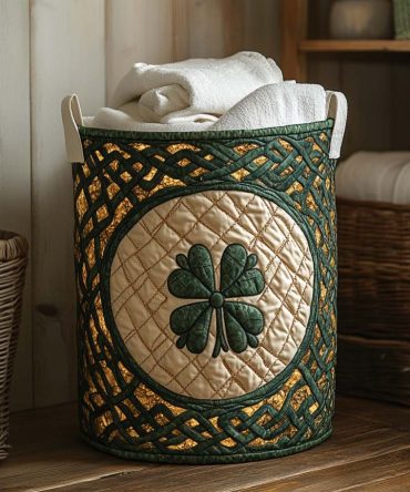 Celtic Clover Quilted Laundry Hamper — Foldable Decorative Basket With Handles, Large Capacity, Durable & Easy-Care