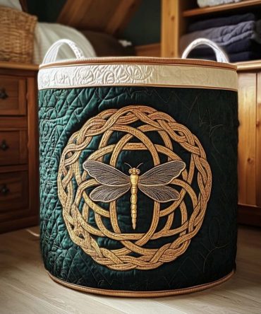 Artful Quilted Laundry Hamper — Celtic Knot Fly Motif , Foldable Decorative Fabric Basket With Handles, Durable & Space-Saving