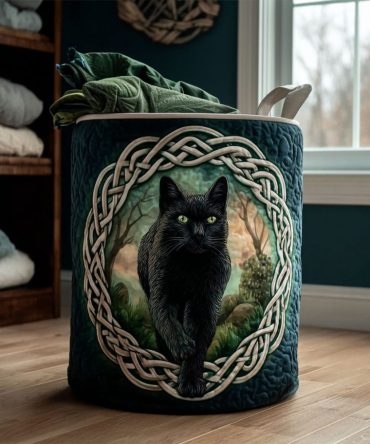 Celtic Shadow Cat Quilted Laundry Hamper — Mystical Cat Motif Fabric Basket, Foldable Laundry Storage For Bedroom & Nursery