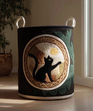 Celtic Twilight Cat Quilted Laundry Basket - Charming Patterned Fabric Hamper For Nursery & Bedroom , Foldable Laundry Bin, Cute Cat Design Storage