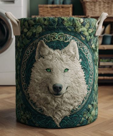 Celtic Wolf Quilted Laundry Hamper - Intricate Celtic Wolf Design Storage Basket, Padded Fabric Hamper With Handles