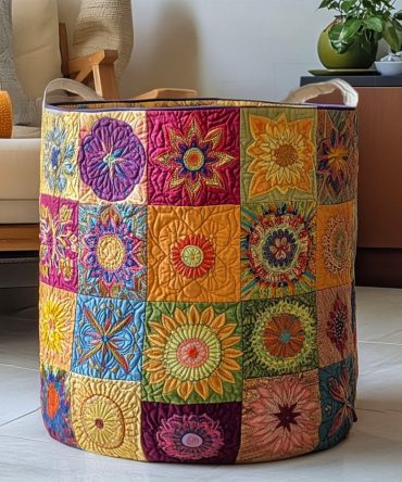 Chakra Blossom Quilted Laundry Hamper — Vibrant Collapsible Fabric Basket With Reinforced Handles & Decorative Floral Motif For Home