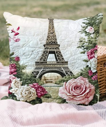 Charming Eiffel Quilted Pillow Cover — Parisian Floral Throw Accent, Romantic Decorative Pillowcase For Living Room, Bedroom & Gift Giving