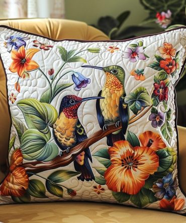 Charming Hummingbirds Quilted Pillow Cover – Colorful Floral Bird Throw Pillowcase, Soft Quilted Texture For Sofa, Bed & Patio Spaces
