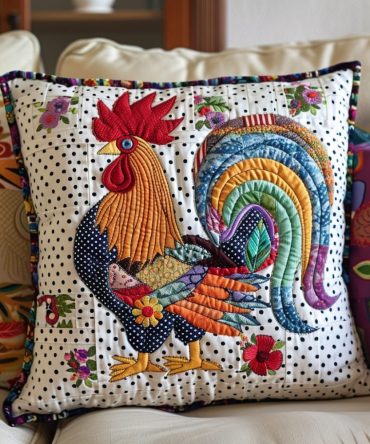 Charming Rooster Quilted Pillow Cover — Cute Quilted Rooster Throw Pillowcase For Rustic Kitchens, Barn-Inspired Décor & Cozy Spaces