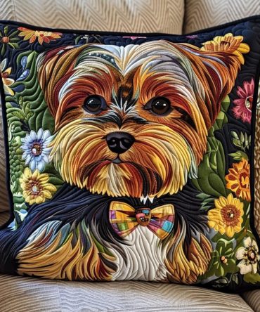 Charming Yorkie Quilted Throw Pillow Cover — Adorable Yorkie Dog Decorative Pillowcase, Soft Quilted Texture For Nursery, Living Room