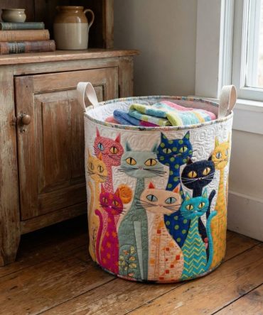 Charming Cat Meadow Quilted Laundry Hamper - Cute Cat Print Fabric Basket, Foldable Washable Pet & Kids Laundry Organizer
