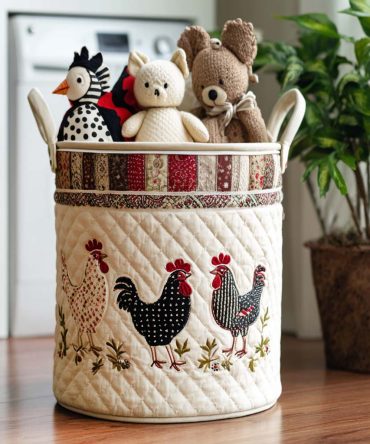 Charming Chicken Quilted Laundry Hamper – Farmhouse Chicken Pattern Fabric Basket, Foldable Decorative Hamper For Nursery & Home, Washable