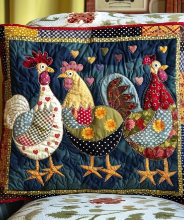 Charming Quilted Chicken Decorative Pillow Cover — Country Chic Hen Print, Soft Textured Throw Pillowcase, Easy-Care