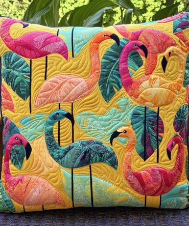 Charming Flamingo Quilted Pillow Cover - Elegant Flamingo Illustration Decorative Throw Pillow Sham, Coastal Chic Accent, Lightweight Cotton