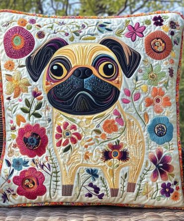 Delightful Pug Quilted Throw Pillow Cover — Charming Dog Portrait Accent, Soft Textured Cotton For Sofa, Bed & Nursery Decor
