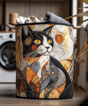Charming Whiskers Quilted Laundry Hamper — Elegant Cat Whisker Motif Storage Basket, Soft Quilting, Collapsible & Portable