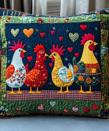 Cheerful Cluckers Quilted Farmhouse Pillow Cover - Whimsical Chicken Design, Durable Decorative Throw Pillowcase For Kitchen & Porch Decor